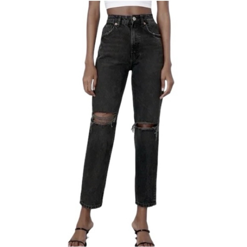 Zara Distressed Knees High‎ Waisted Black Denim Jeans Women Size 2 #439